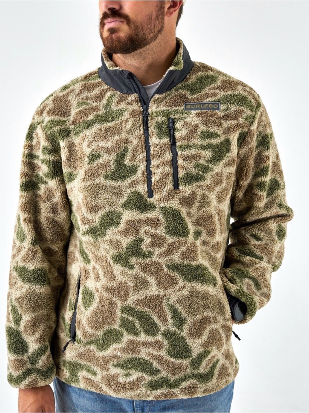 Burlebo Men's Alpine Camo Sherpa Quarter-Zip Pullover - Green/Tan